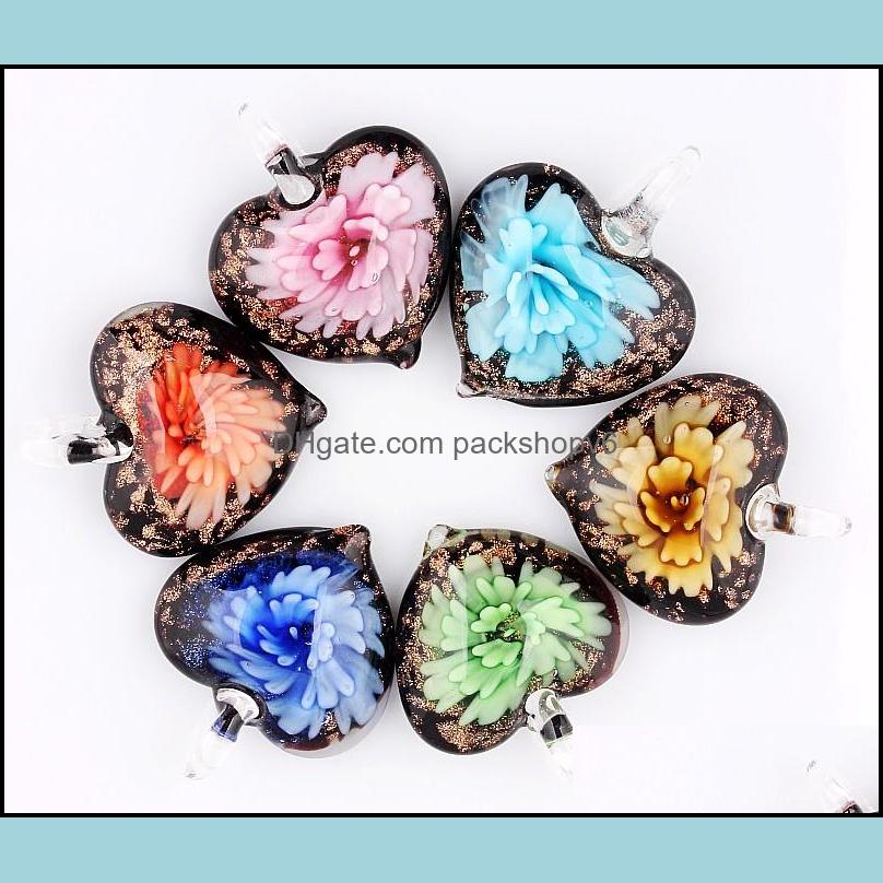 Colliers de pendentif en gros 6pcs pendentifs faits à la main murano verre mélange couleur fleur coeur poussière or pour collier juif packshopv6