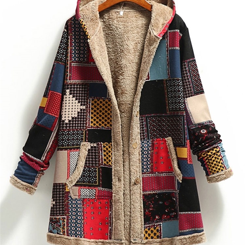 Hiver Vintage femmes manteau chaud impression épaisse polaire à capuche longue veste avec poche dames vêtements d'extérieur manteau ample pour le
