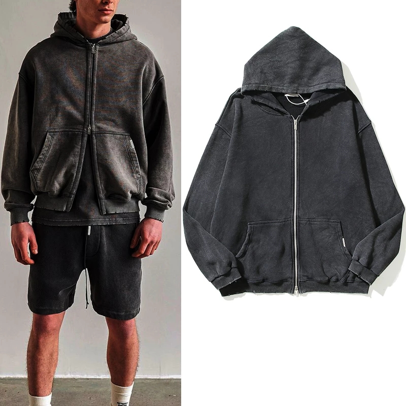 Hooded Sweatshirts Jacket Blank Cotton Hoodies For Men And Women High Street Washed Dirty Cut Zip Coat Jackets-image-791295371