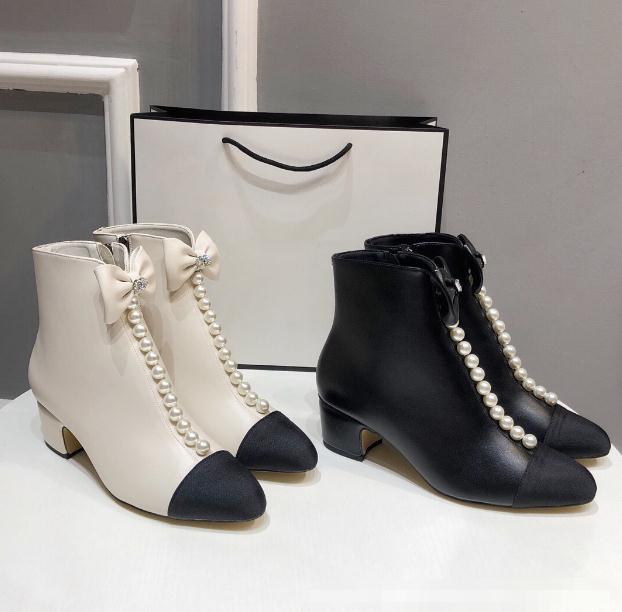 

Luxury bow tie High Heel Boots Women Chelsea boot Low Heels Splicing Booties Pearl Chain Fashion black White Ladies Ankle Boots