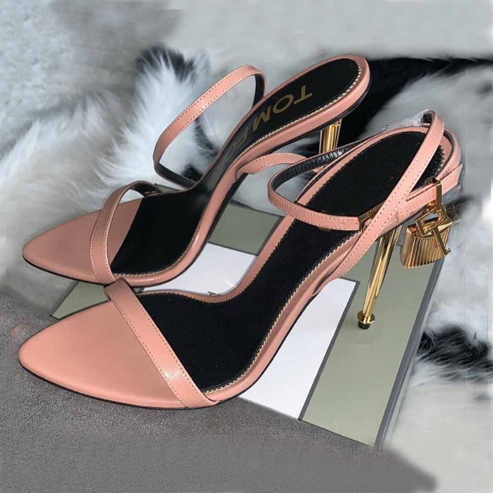 

Luxury brands woman sandal high heels Tom-fords-sandal Nude Shiny Leather Padlock Pointy toe Naked Sandal 105mm ankle strap with box 35-43, 90