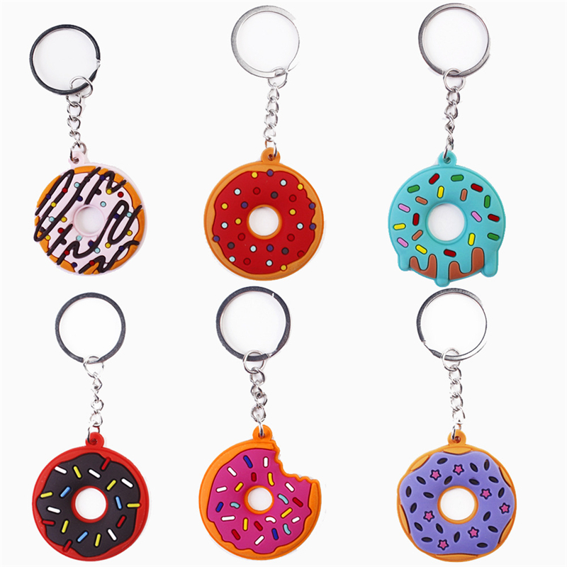 

PVC Donut Keychains Accessories Cute Pendant Key Chains Rings Jewelry Fashion Design Keyrings Trinkets Bag Charms Silver Metal Car Keys Holder Gifts 6 Colors