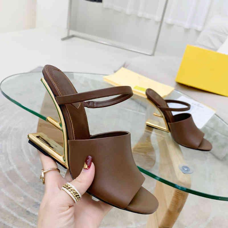 

Slippers Sculpted Brown F high-heeled slippers Metallic high heels open toes slip-on slides calfskin leather outsole sandals, 1# shoe box