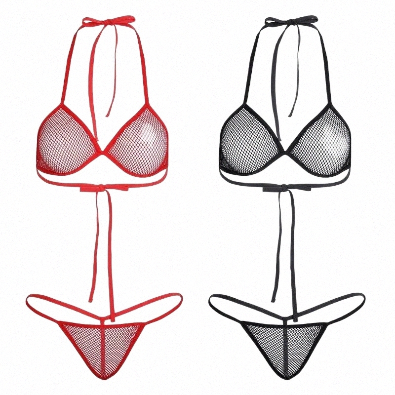 

bras Sets Women Erotic Sexy Lingerie Set Underwear Transparent Fishnet See-through Mini Bikini Bra Top With Micro G-strings Thongs N4Df#, Black