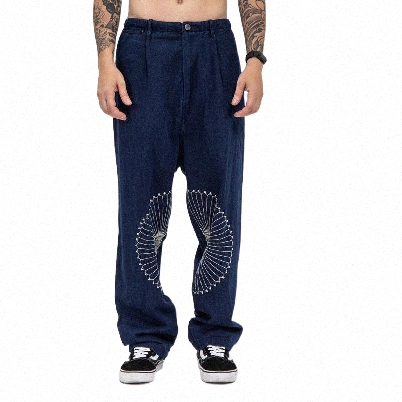 

men's Jeans Japanese Fashion Kapital Hirata Hehong Embroidered Casual Printed Pants Trend Versatile Vintage Loose Men Trousers V86g#, Blue