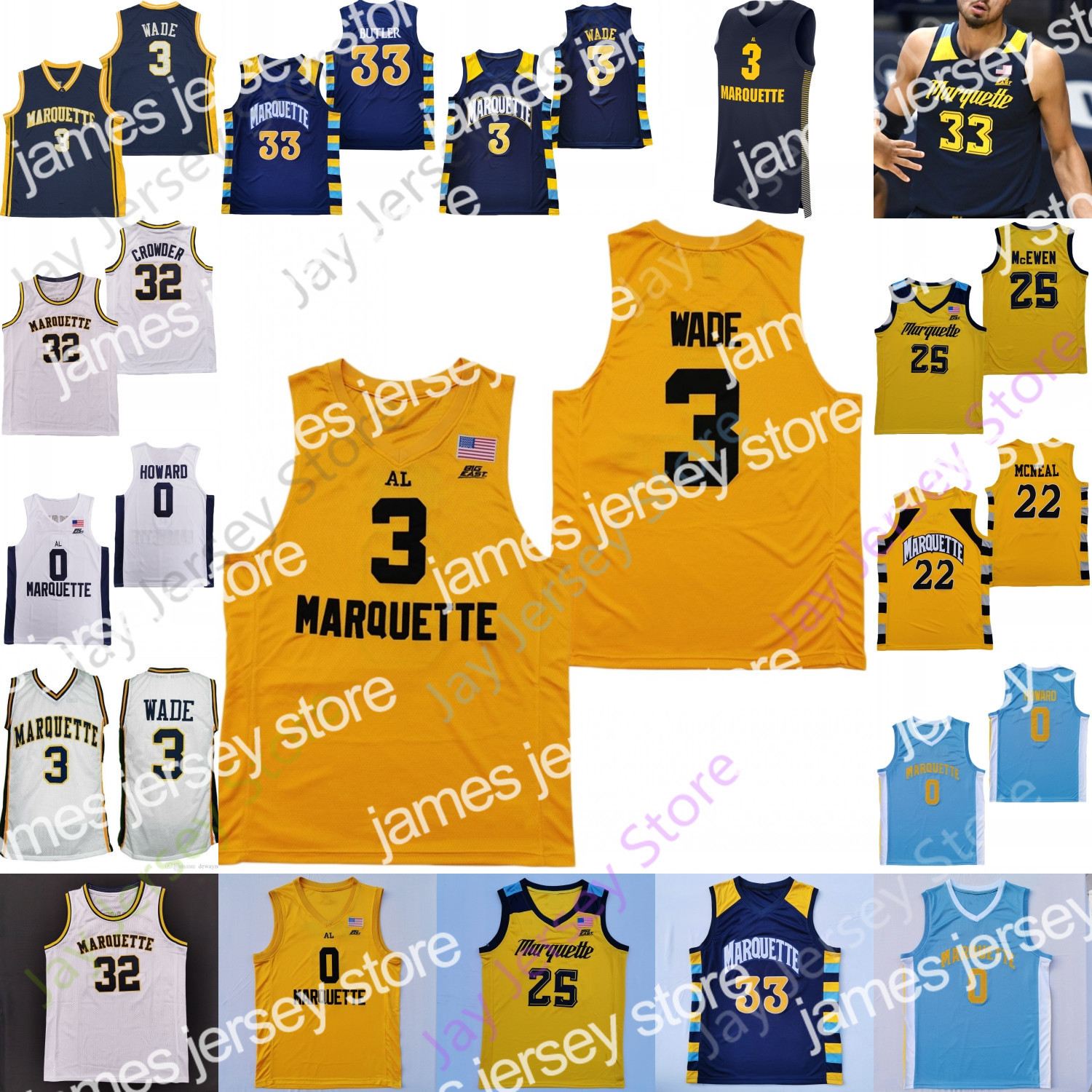 

22 Marquette Golden Eagles Basketball Jersey NCAA College Howard Butler Wade Justin Lewis Darryl Morsell Tyler Kolek Kameron Jones Kur Kuath, White round collar