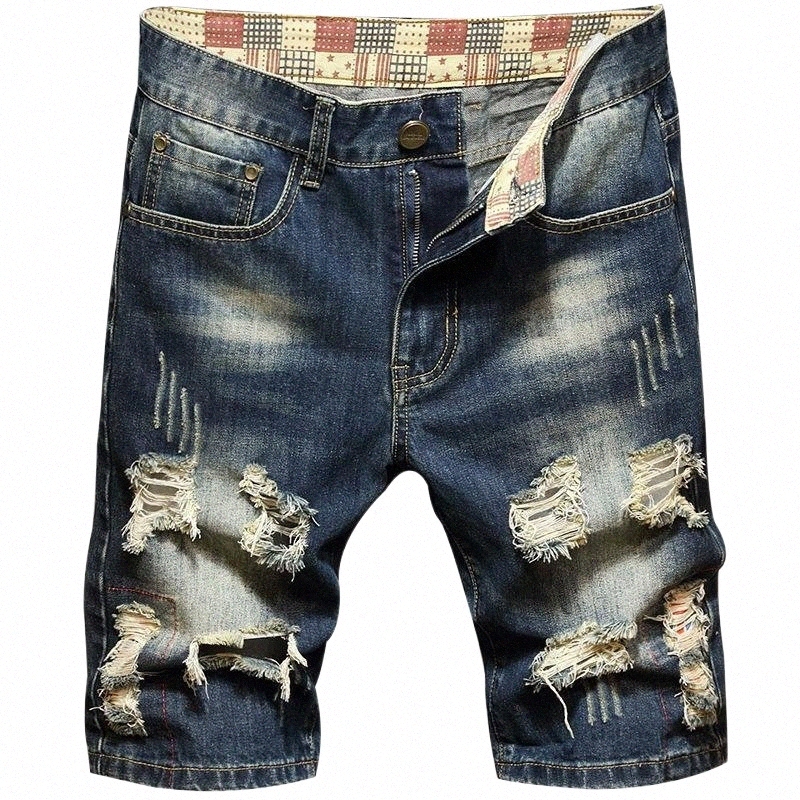 hip Hop Ripped Jeans Short For Men Summer Denim Shorts Straight Slim Youth Blue Pants Plus Size Motor Biker Men's H4eI#