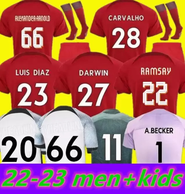 2 23 Maillots de football de la saison à la maison 3e Darwin 2022 2023 Mohamed Diogo Luis Diaz Alexander Arnold Tops Football Shirts Men Kids Kit