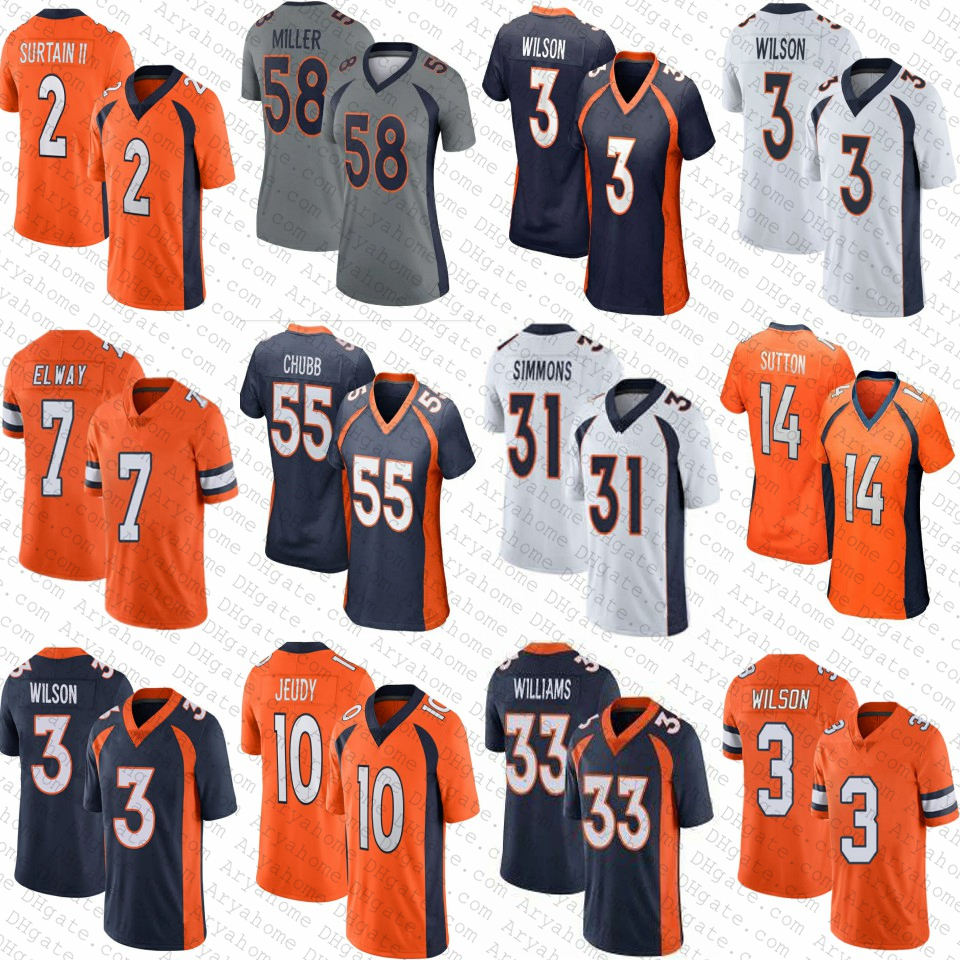 

33 Javonte Williams Russell Wilson Custom Football Jerseys Justin Simmons John Elway Patrick Surtain II Jerry Jeudy Denver Bradley Chubb Broncos Courtland Sutton, Women(withlogo)