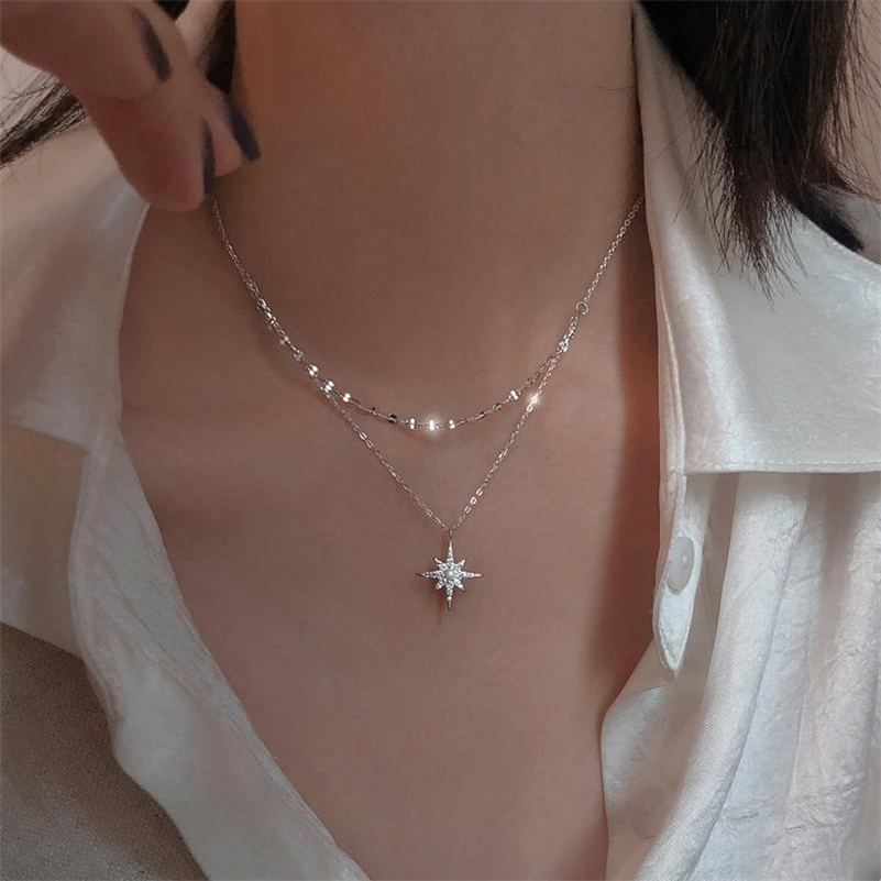 s925 sterling Silver Star Moon Double Necklace Women Clavicle Chain Shiny Diamond Fashion Jewely Accessories 220818