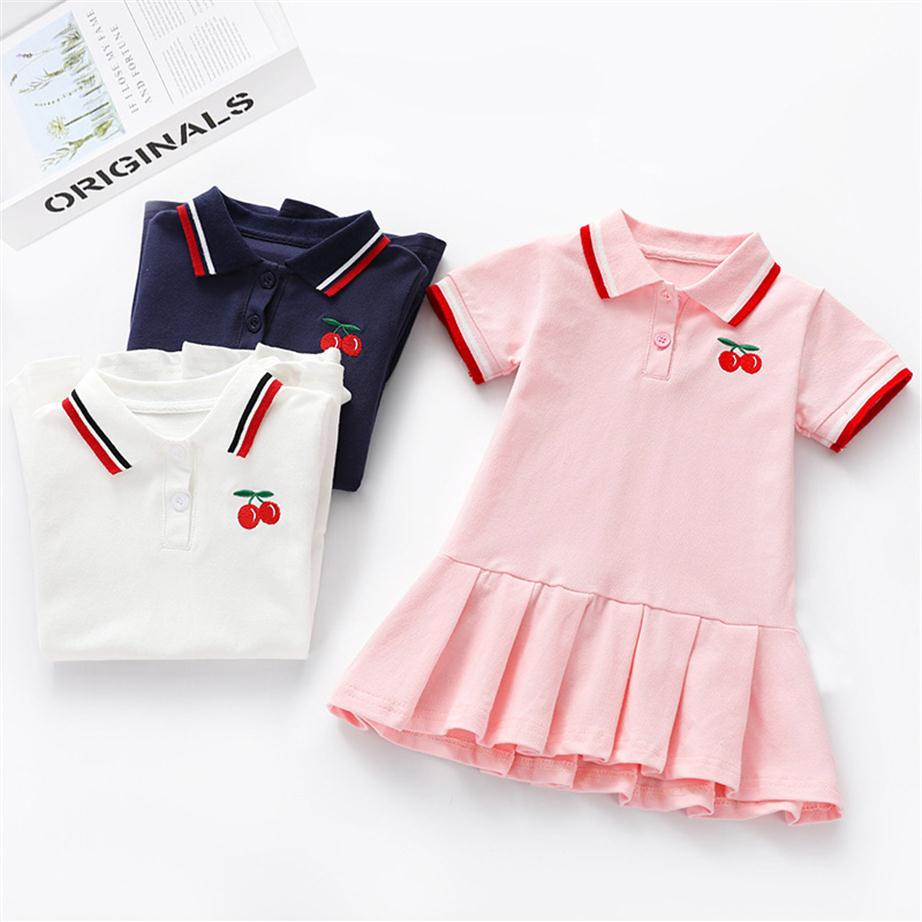 

Retail whole summer baby girls Cherry embroidered blouse dress children girl ruffle cotton party princess dress kids boutique 302u, Pink