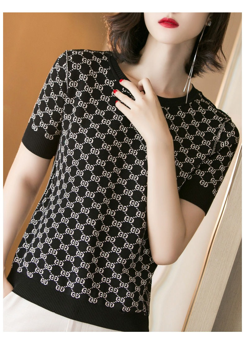 Vintage impression à manches courtes chandails glace soie tricoté t-shirt femmes 2023 été corée Style conception Chic décontracté ample haut cour