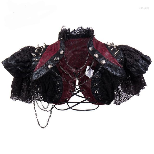 

Women' Jackets Sladuo Retro Red&Black Lace Leather Rivet Chain Short Vintage Gothic Jacket Women Victorian Bolero Corset