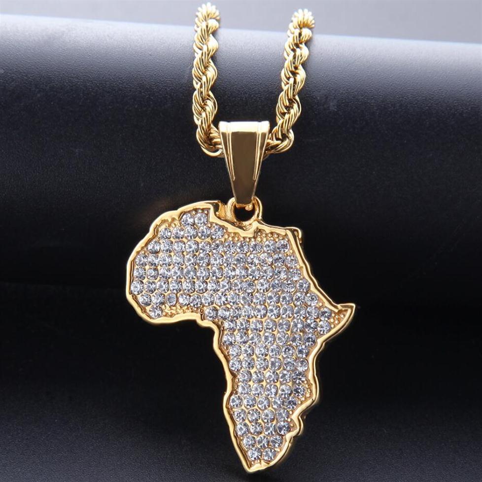 Hip Hop African Maps Full Drill Pendant Necklaces 14kK Gold Plated Set Auger Crystal Stainless Steel Necklace Mens Women Jewelry G2294