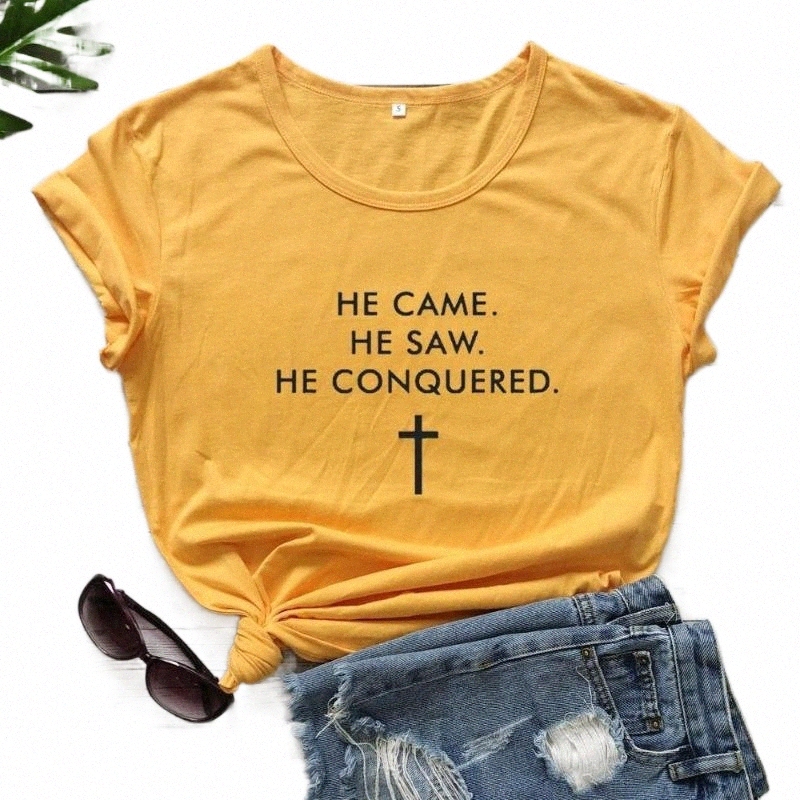 

he Came Saw Conquered Christian Cross Jesus T-shirt Funny Women 100% Cotton Casual Fashion Graphic Unisex Tee Top Tshirt Women's G6KN#, Black-white txt