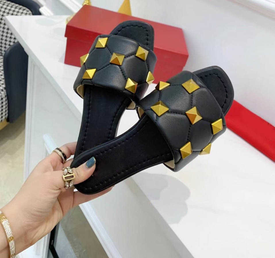 

Designer Women Slippers Sandals Casual FLAT ROMAN STUD SLIDE SANDAL QUILTED GRAINY CALFSKIN SADDLE BROWN Summer Top Luxury Fashion Ladies, #6