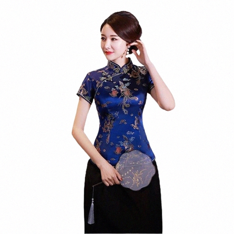

ethnic Clothing Women Cheongsam Shirt 2021 Dragon Phoenix Printing Chinese Style Summer Autumn Side Split Stand Collar Top For Banquet q891#
