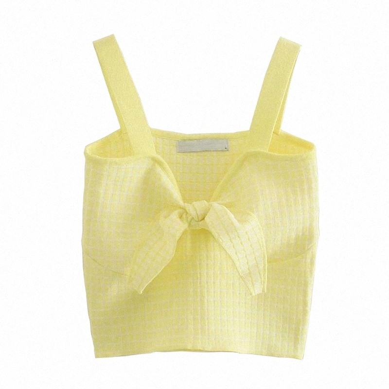 

women' Simple Plaid Bow Knitted Camisole Top Casual Vest Clothing T-Shirt 73yx#, Yellow