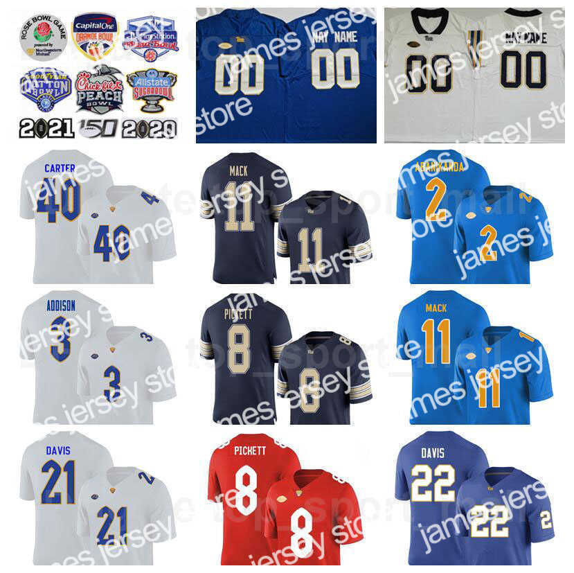 

24 NCAA College Football Pittsburgh Panthers Jersey Men University 8 Kenny Pickett 2 Israel Abanikanda 22 Vincent Davis 21 AJ 40 Daniel Carter, Blue