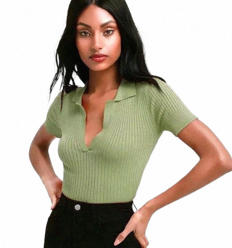 women's T-Shirt Crop Tops Cotton Shirts Summer Short Sleeve T Shirt Korean Style V Nick Chic Sweater Sexy Slim Knit Cropped Tees S/M v8W6#-image-792018462