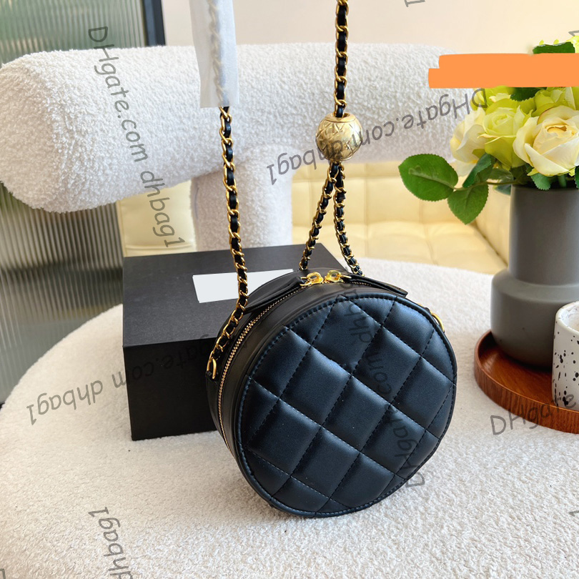 

Womens Designer Classic Round Circle Quilted Vanity Bags With Gold Crush Ball GHW Crossbody Cosmetic Case 16CM, Box1