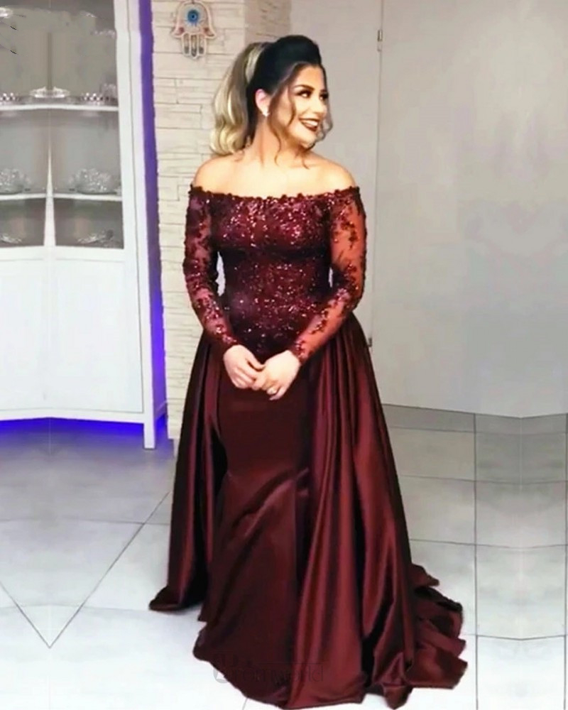 Charmante robe de bal sirène à col bateau, en satin bordeaux, manches longues, jupe amovible, robes de soirée formelles, robe de concours de beau