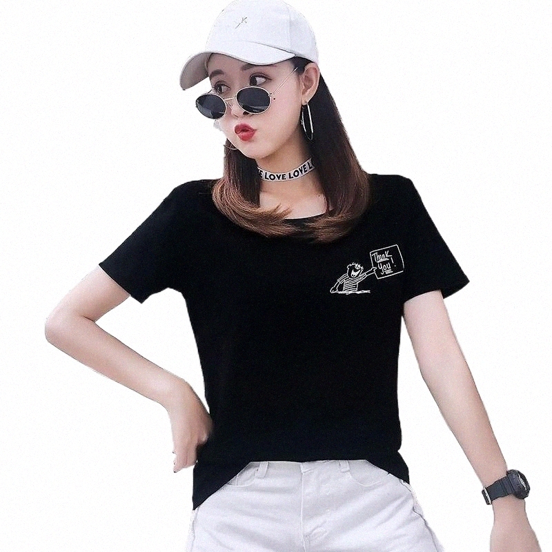 

women's T-Shirt Korean Style Cotton Loose Printed Short-Sleeved Trendy Solid Color Round Neck Top Plus Size Half Sleeve F7sW#, Thanks carmine