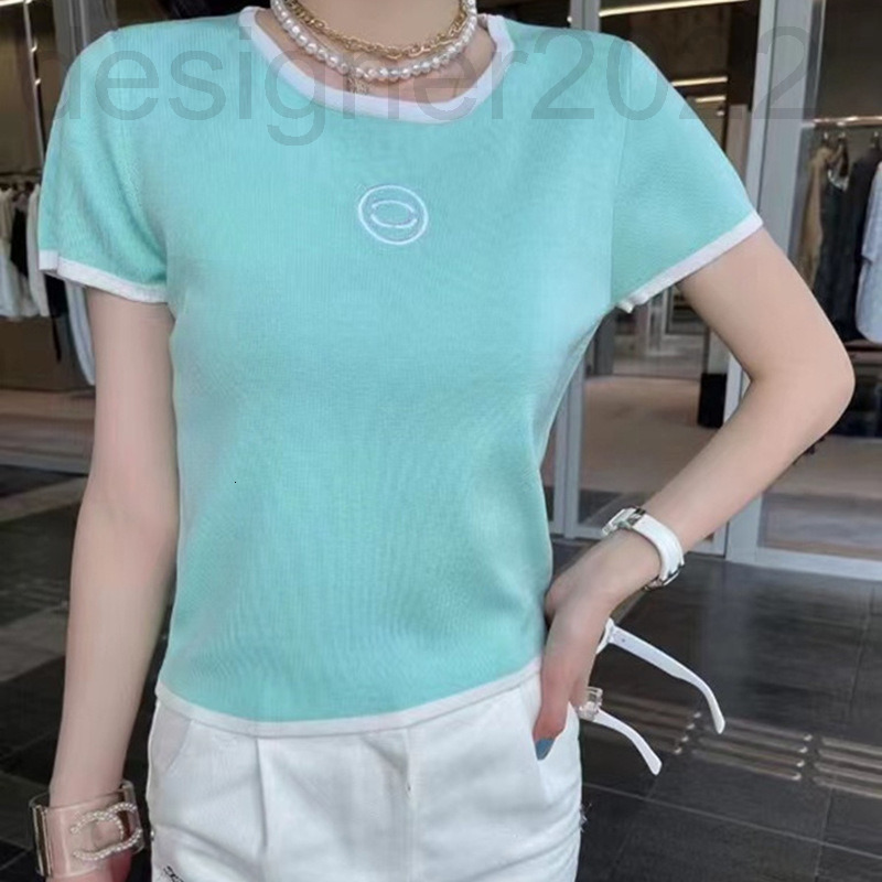 Women's Sweaters designer Summer Tencel sweater short sleeve women's 22 fashionable round neck color matching knit top comfortable and