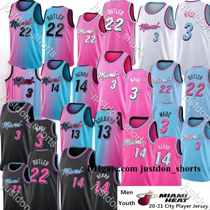 

Men Youth Dwyane 3 Wade Jimmy 22 Butler Jerseys Tyler 14 Herro Bam 13 Adebayo 55 Robinson 2020-21 PInk Bule White City Basketball Jerseys, Shows
