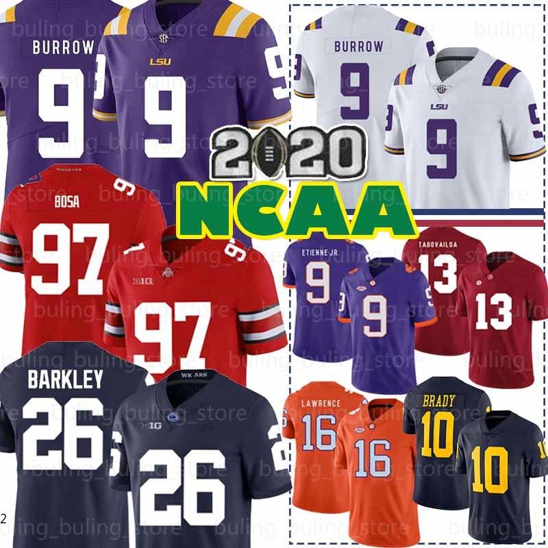 

9 Joe Burrow LSU Tigers Jersey 2020 NCAA Clemson Tigers 16 Trevor Lawrence Travis Etienne Jr. 26 Saquon Barkley 97 Nick Bosa Haskins Jr 01, Ncaa(laohu)+patch