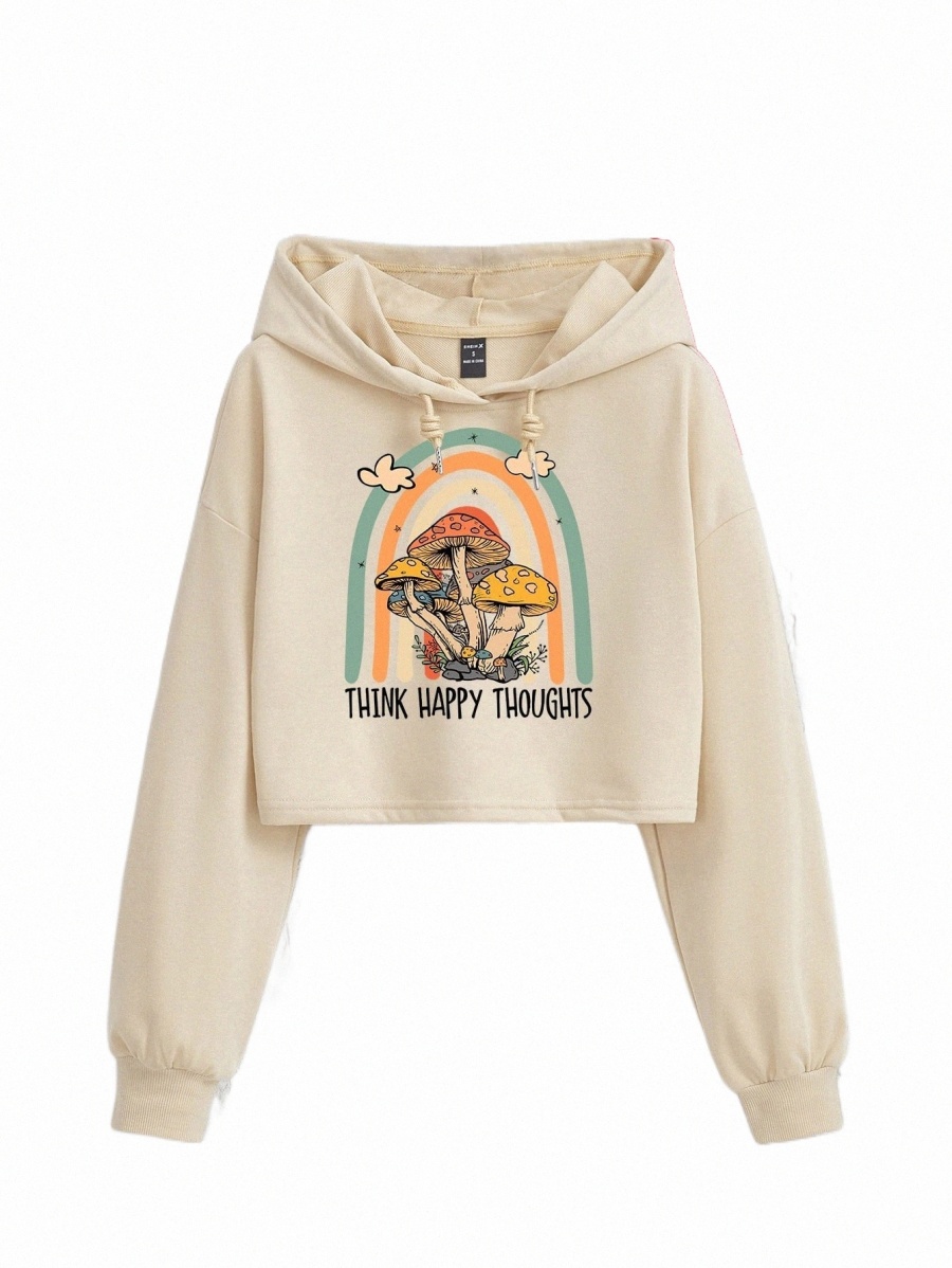 

x BUTTERFLY Mushroom & Slogan Graphic Drop Shoulder Drawstring Hoodie z6L9#, Beige