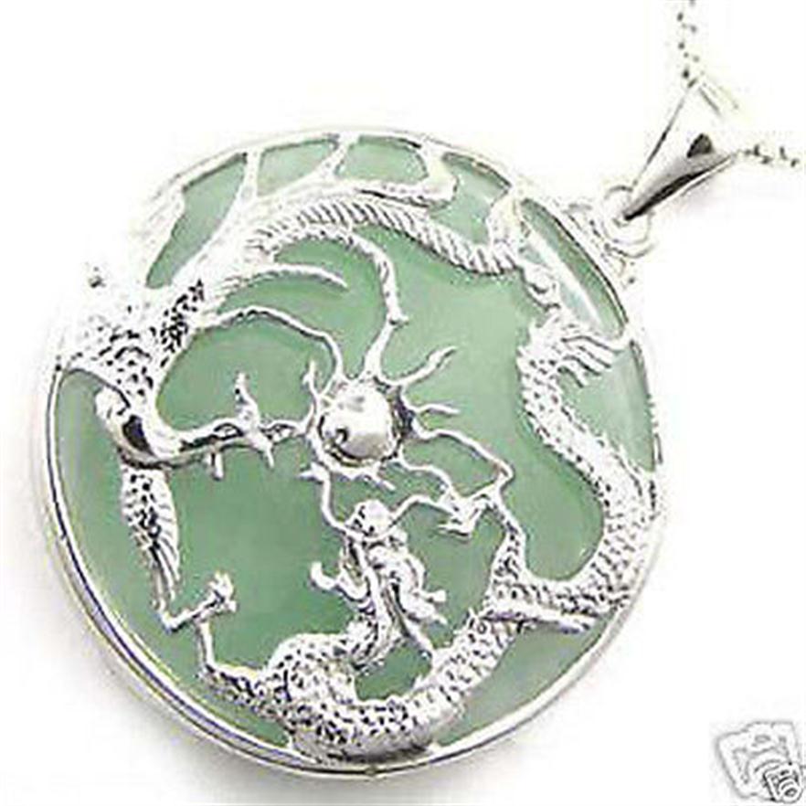 

cunning silver dragon jewlery green jade dragon phoenix amulet pendant necklace2455
