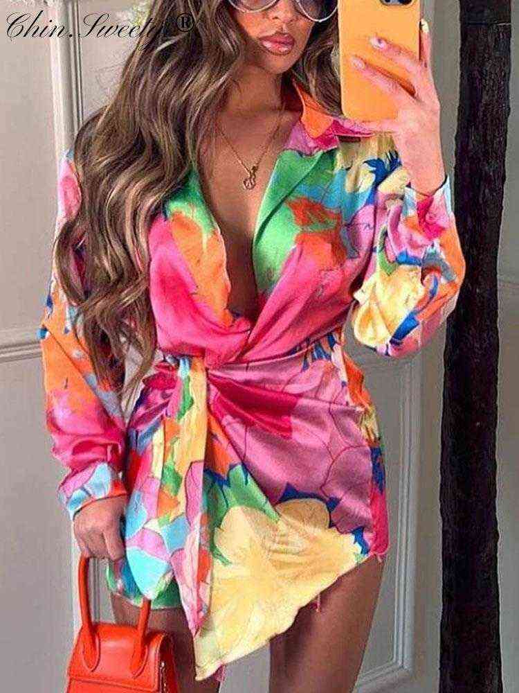 

Summer Floral Print Long Sleeve Mini Dress Women Sexy Turn Down Collar Long Sleeve Lace-Up Dresses Female Elegant Lady Vestidos T220819, Green