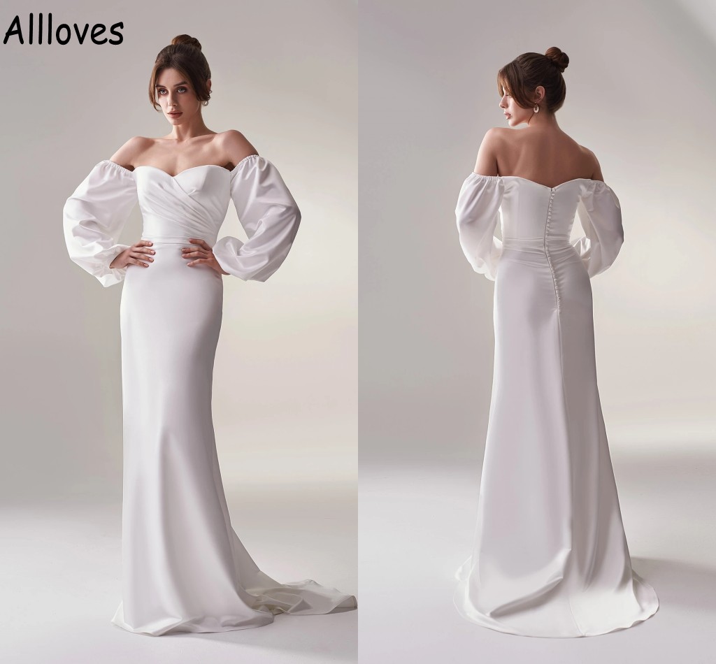 Mode simple hors épaule sirène robes de mariée avec manches longues élégant satin balayage train Boho jardin plage robe de mariée arabe Aso Ebi V