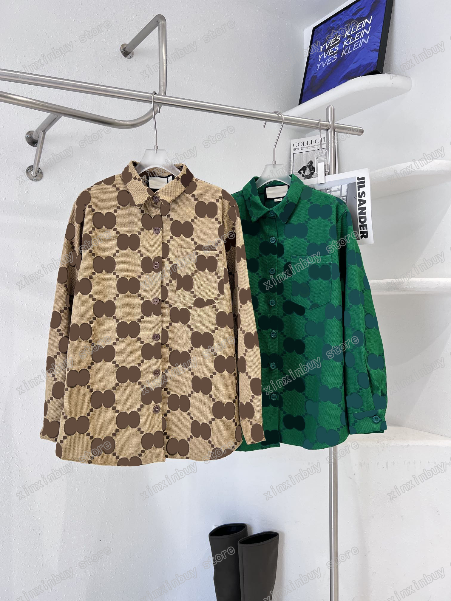 

xinxinbuy Men Women Designers Casual Shirts Jacquard letter cotton long sleeve Turn down collar Streetwear Green Khaki M-2XL