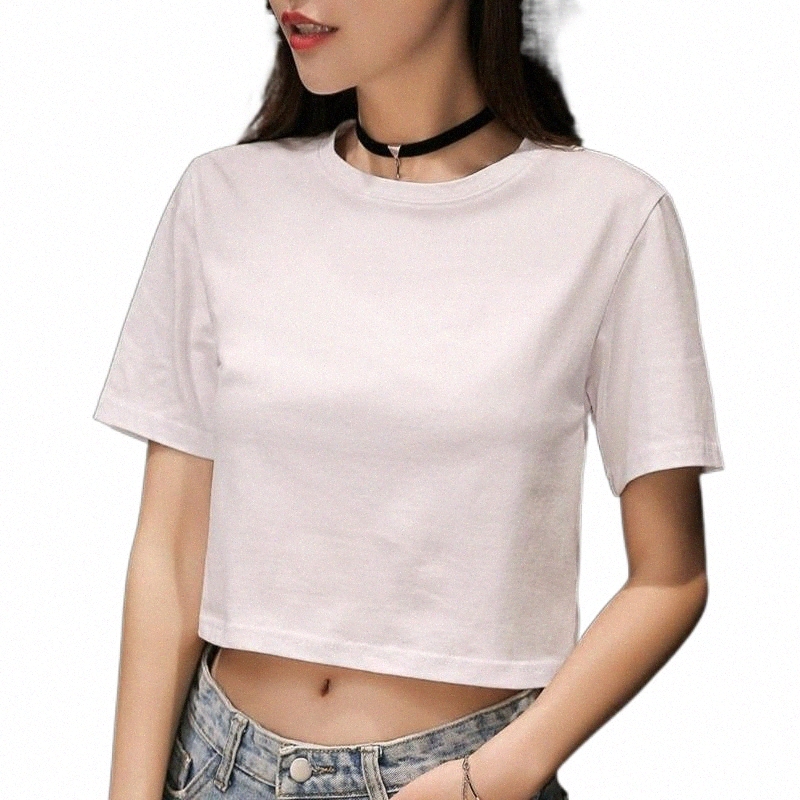 summer Short Sleeve T Shirts Women Cotton Solid T-shirt O Neck High Waist Crop Top Tee Female Casual Loose Shirt Cropped Women's i5X2#-image-792025090