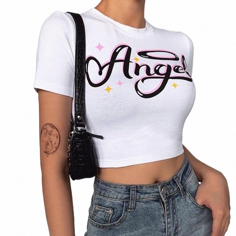 

sexy Round Neck Short Sleeve Angel Print Blue Crop Top 2021 Summer Women Basic Casual Fashion T Shirt Streetwear Women' T-Shirt j177#, White