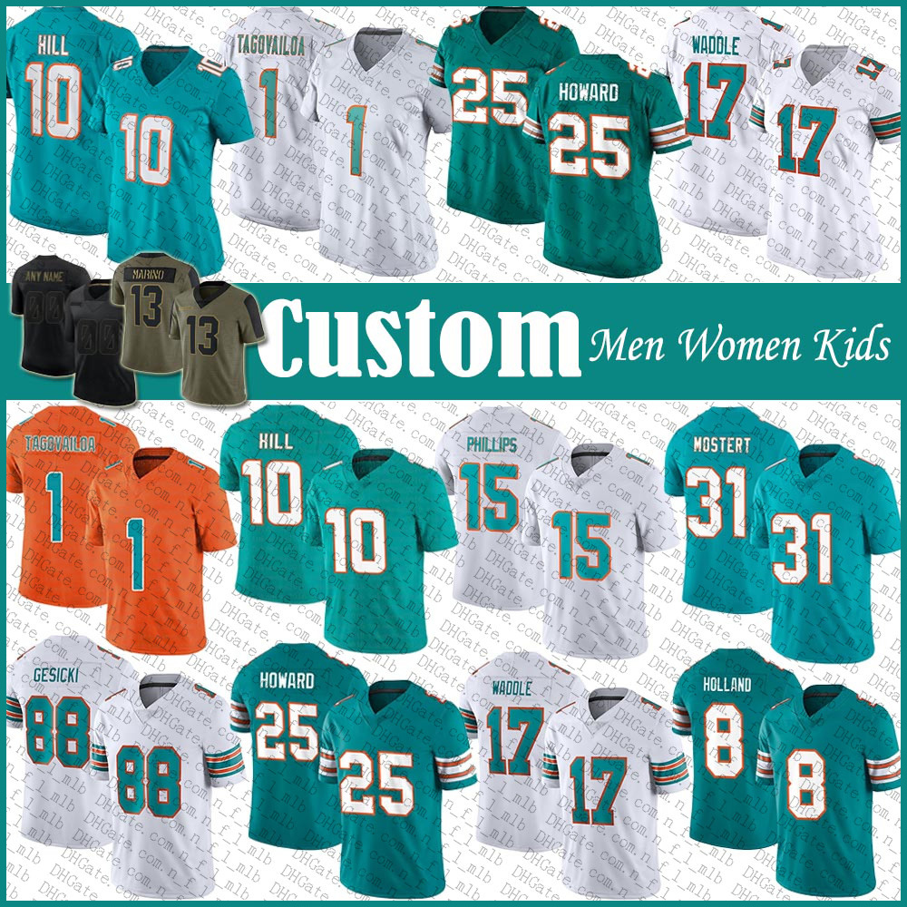 

10 Tyreek Hill Tua Tagovailoa Jaylen Waddle Custom Football Jersey Raheem Mostert Jevon Holland Xavien Howard Mike Gesicki Jaelan Phillips Dan Marino Chase Edmonds, Shown