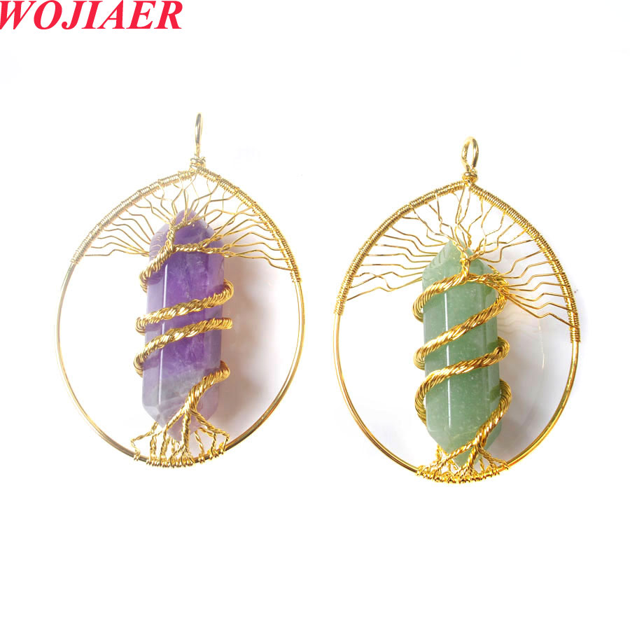 tree of Life natural stone gold color wire wrapped crystal pendant for jewelry making necklace 10pcs/lot Wholesale BO966-image-792014038