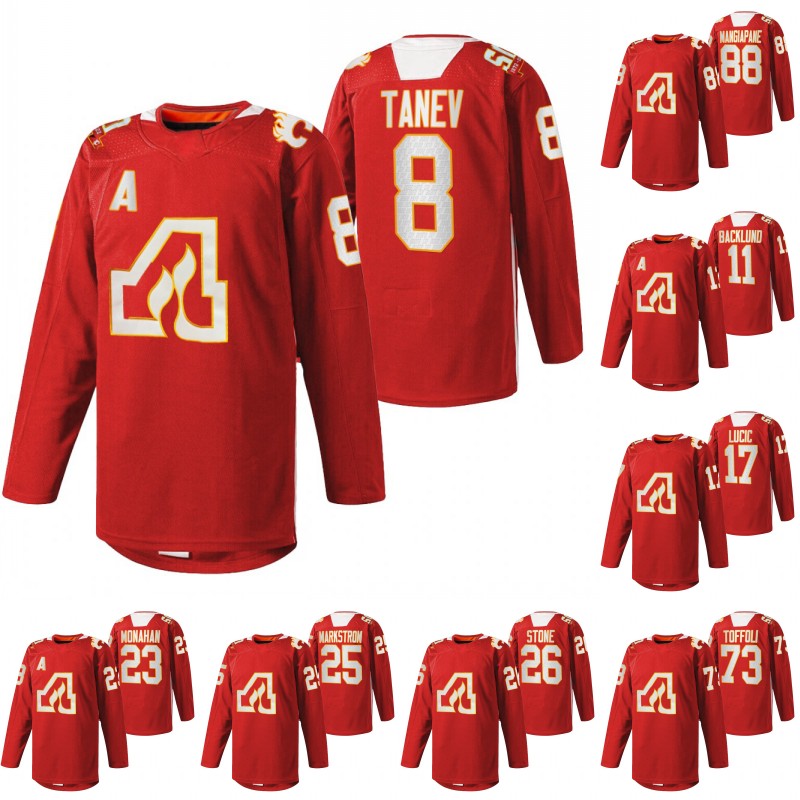 

Calgary Christopher Tanev Flames 50th Anniversary Red Jersey Milan Lucic Sean Monahan Jacob Markstrom Michael Stone Elias Lindholm Matthew Tkachuk Brett Ritchie, Custom