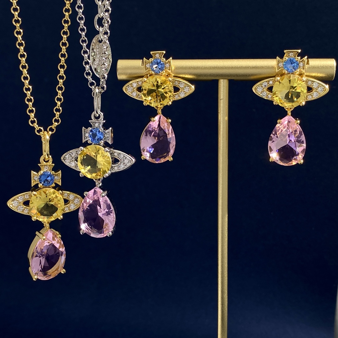

Luxurious Designer Jewelry Sets Ladies Necklaces Ear Studs Necklace Earring With blue pink white crystal Diamonds planet Pendant Western Queen 07