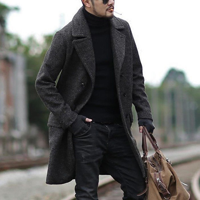 Men's Wool & Blends Solid Winter Trench Coat Mens British Style Casual Double Breasted Warm Jacket Long Sleeve Oversized Male OvercoatMen'