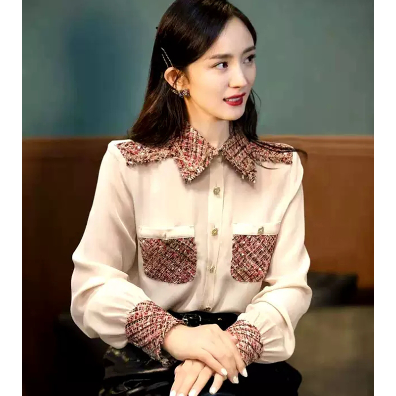 Women&#039;s Blouses & Shirts Runway Designer Spring Office Ladies Elegant Women Chiffon Patchwork Tweed Diamonds Beading Button Shirt TopsWomen&-image-791595559