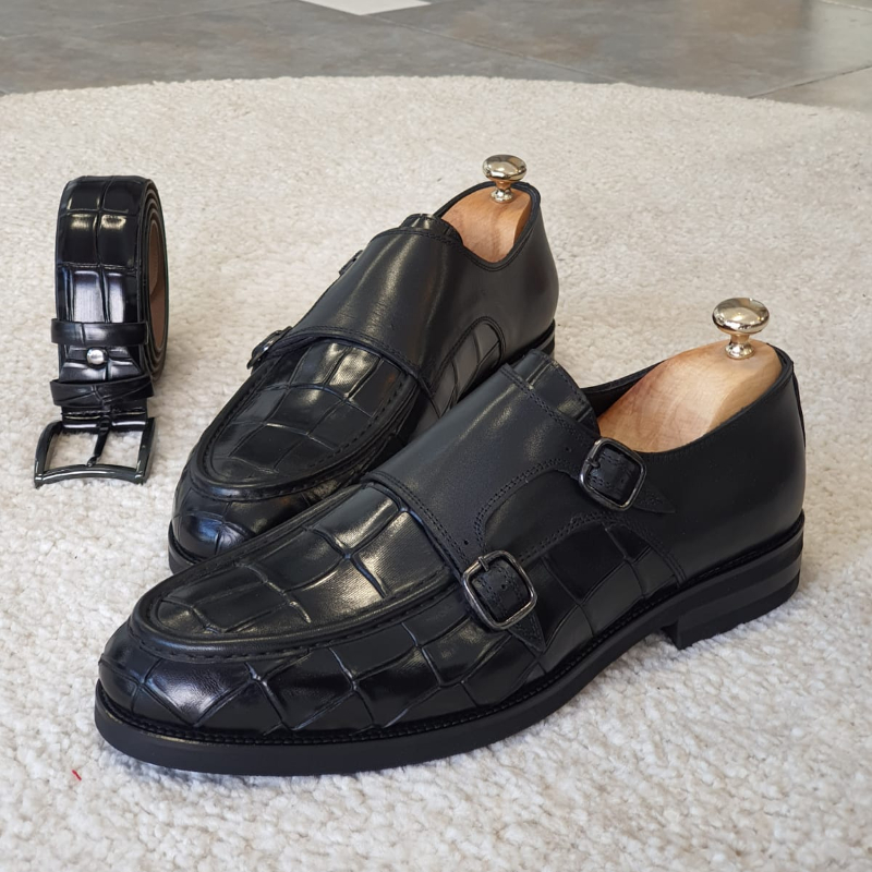 

Men Monk Loafers Solid Color Crocodile Pattern PU Thick Sole Double Buckle Fashion Business Casual Wedding Daily Dress Shoes, Clear