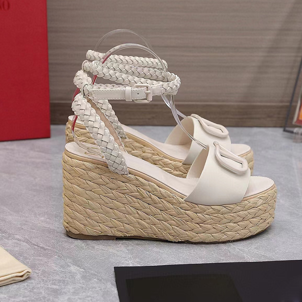 

high quality platform Sandals Straw woven wedge ankle strap chunky heels block Heel 110mm Open toe toe dress shoe Women Luxury Designers Sandal, Apricot