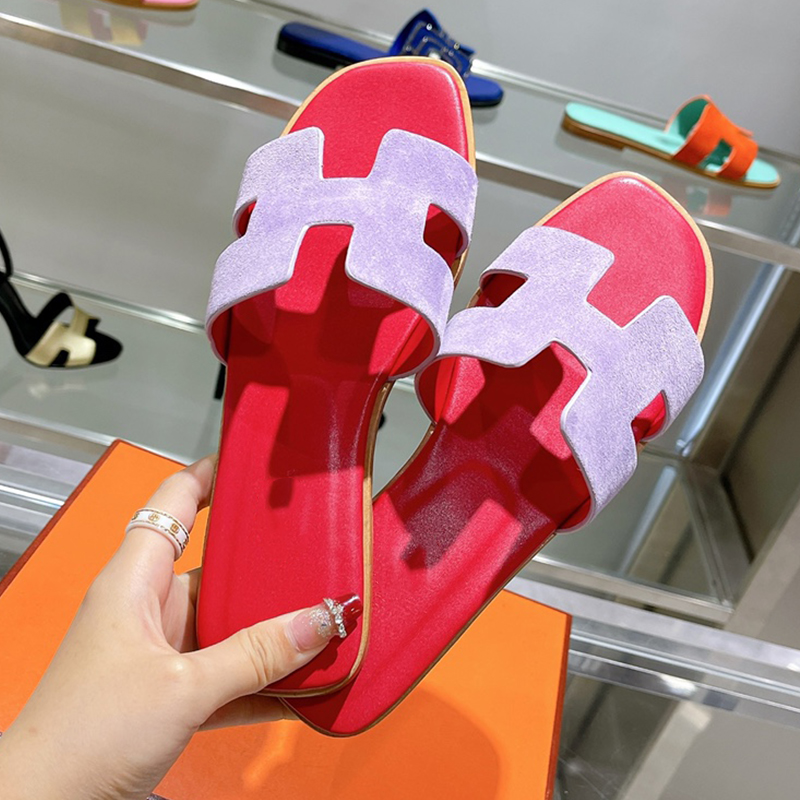 

H Genuine Suede Leather Women Summer Slippers Fashion Mixed Color Peep Toe Slip On Womens Slids Luxury Designer Top Quality Beach Flip Flop Female Casual Shoes 2023, As show