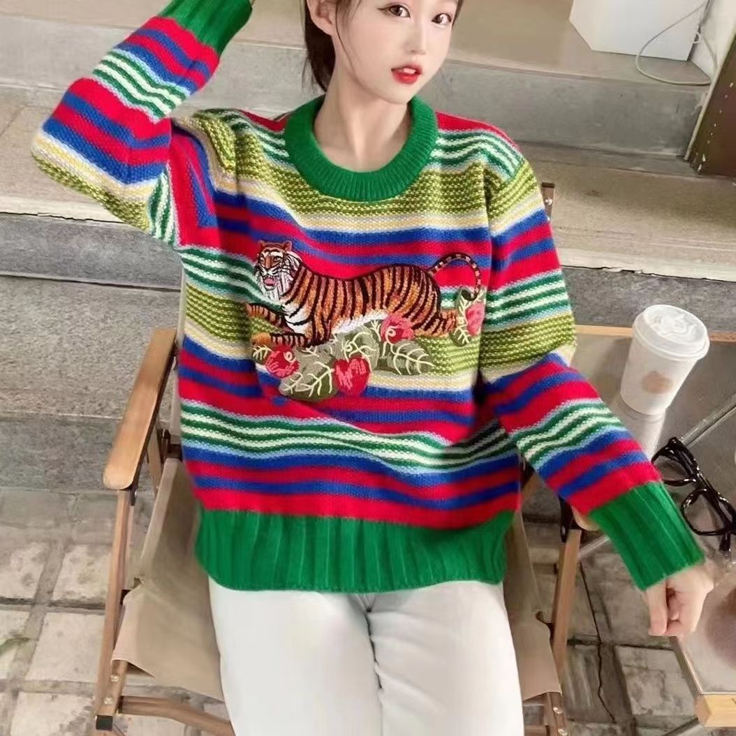 

womens sweater designer Sweaters women round collar Pullover Sweater Autumn and winter new colorful stripe embroidery tiger Knitted Top loosesweater coat, Orange