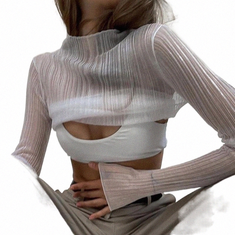 

women' T-Shirt Autumn Women Tees Shirts Perspective Mesh Bar Cover Lady T-shirts Ropa Mujer Long Sleeve Street Outwear Femme White Tops PR2 d2Qe#, Light blue