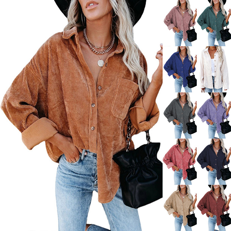 

2022 European American Shirts new autumn and winter women's shirts solid color lapel casual jacket, Blue
