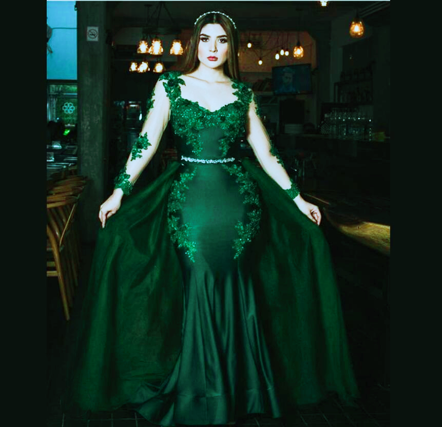 Robes de bal de sirène verte émeraude émeraude avec jupe détachable en dentelle à manches longues en dentelle de soirée